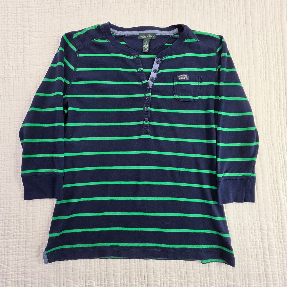 Lauren Ralph Lauren Henley Top Navy Green Striped Cotton Long Sleeve Shirt EUC M